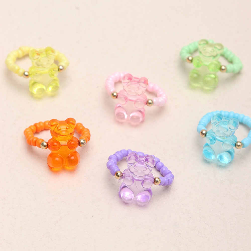 Cute Color Resin Bear Rings 6pc set