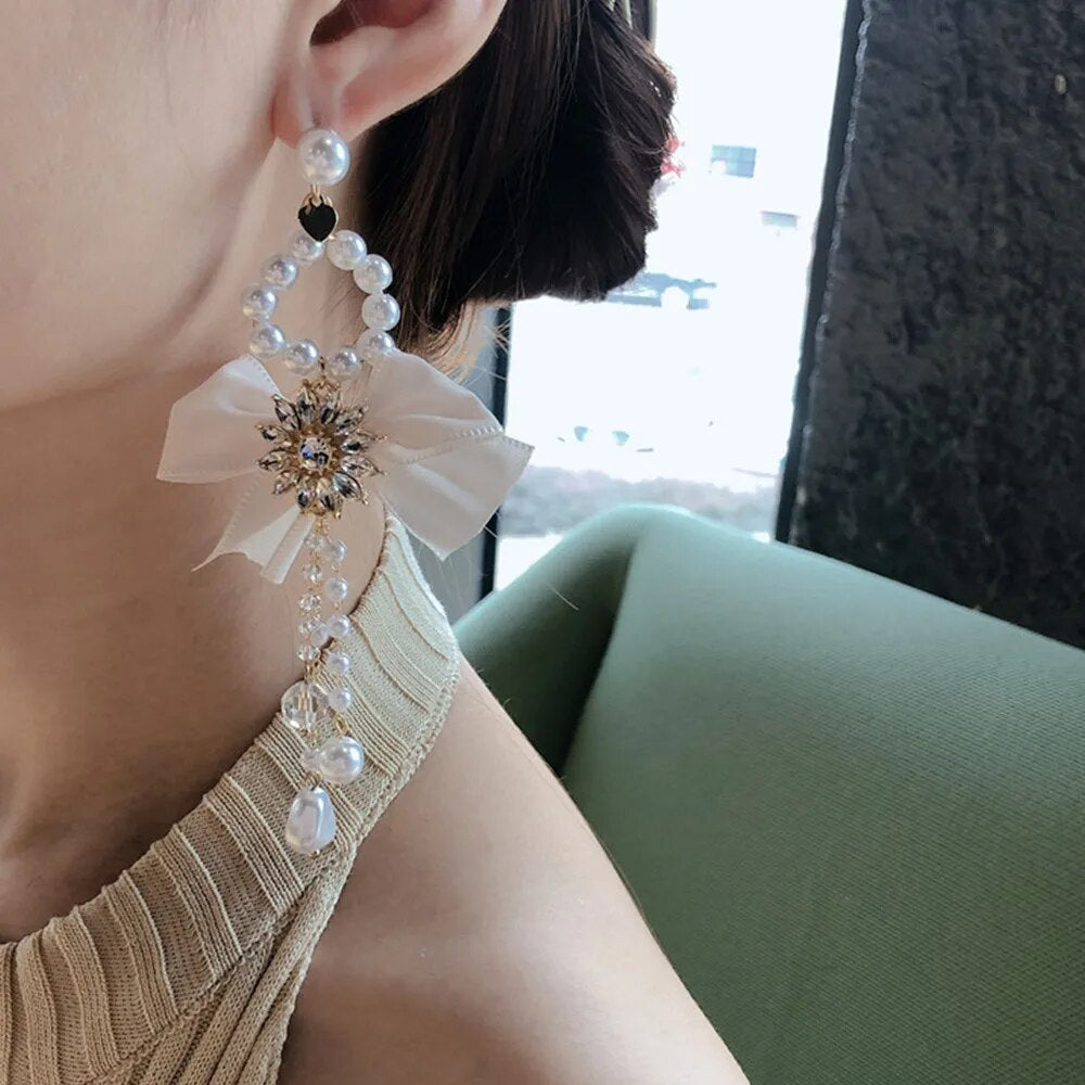 Big Bow Flower Rhinestone Long Dangle Earrings