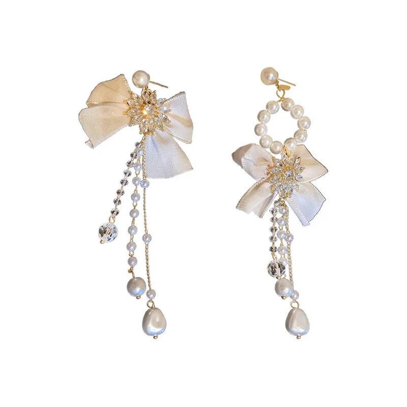 Big Bow Flower Rhinestone Long Dangle Earrings