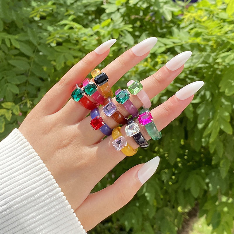 Acrylic Colorful Rectangle Rhinestone Ring