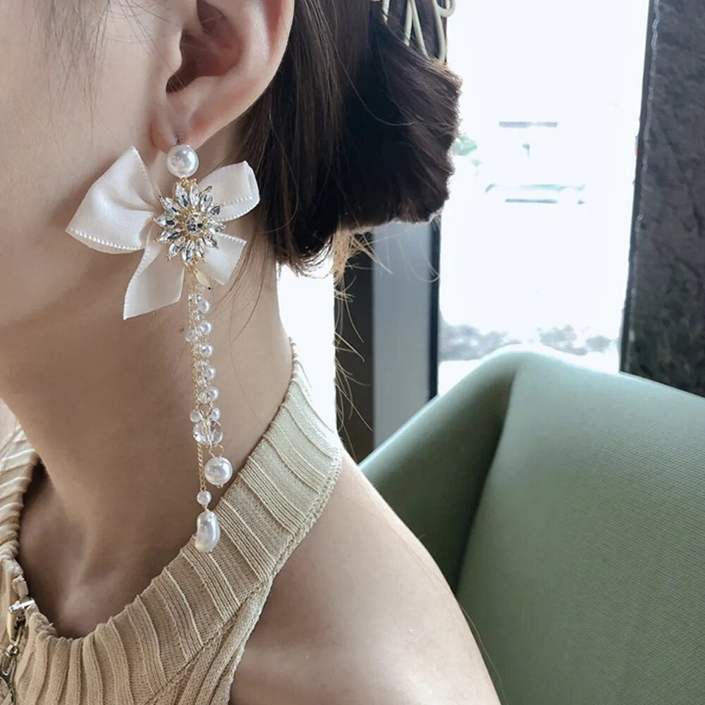 Big Bow Flower Rhinestone Long Dangle Earrings