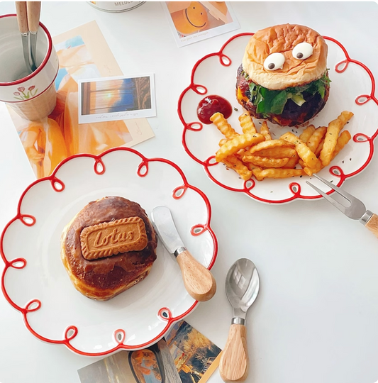 Retro Curve Line drawing Red Flower Plate Cup