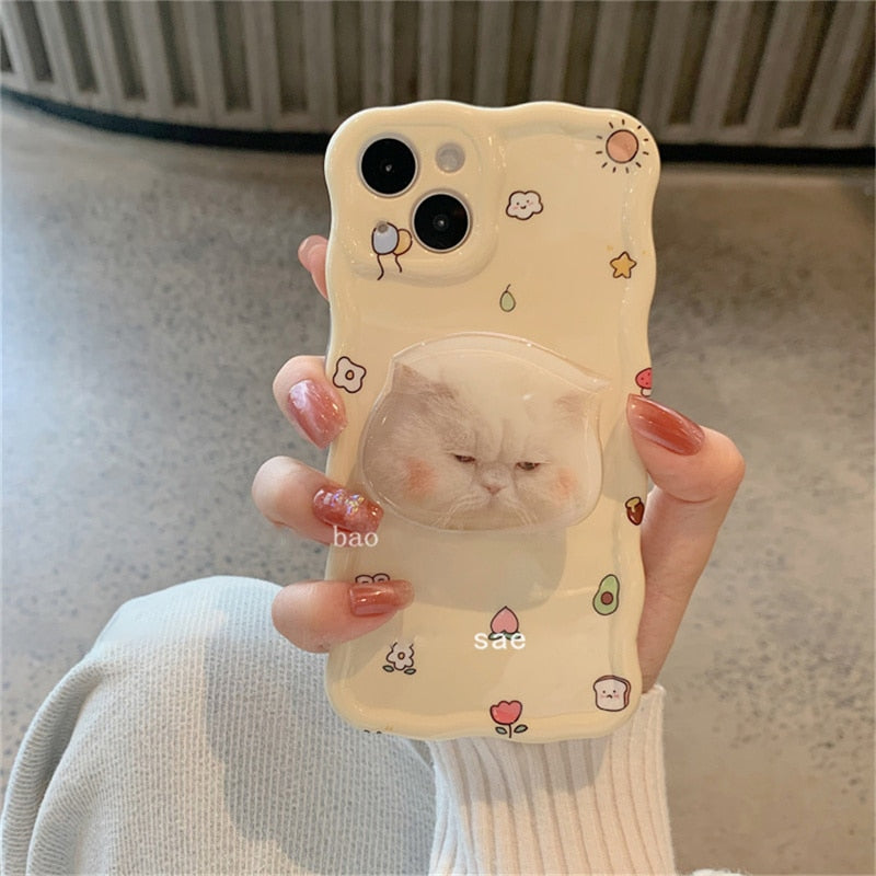 Cute Sad White Cat Face Phone Grip