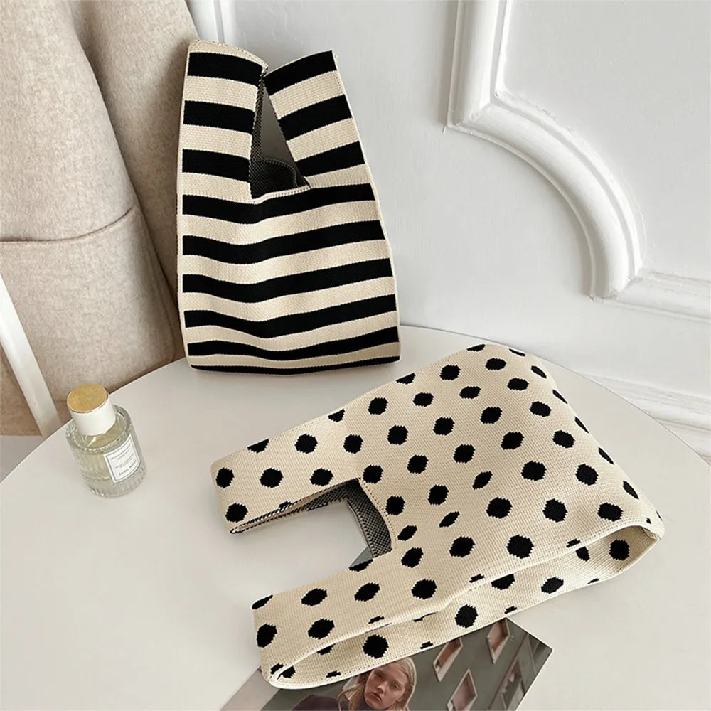 Polka Dot And Stripe Knitted Handbag