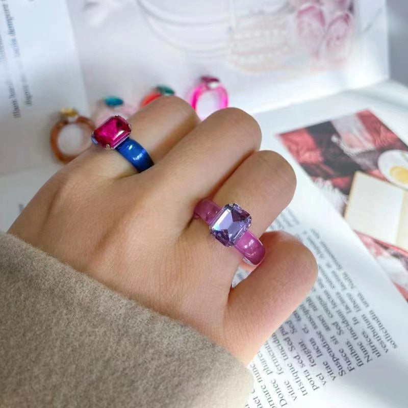 Acrylic Colorful Rectangle Rhinestone Ring