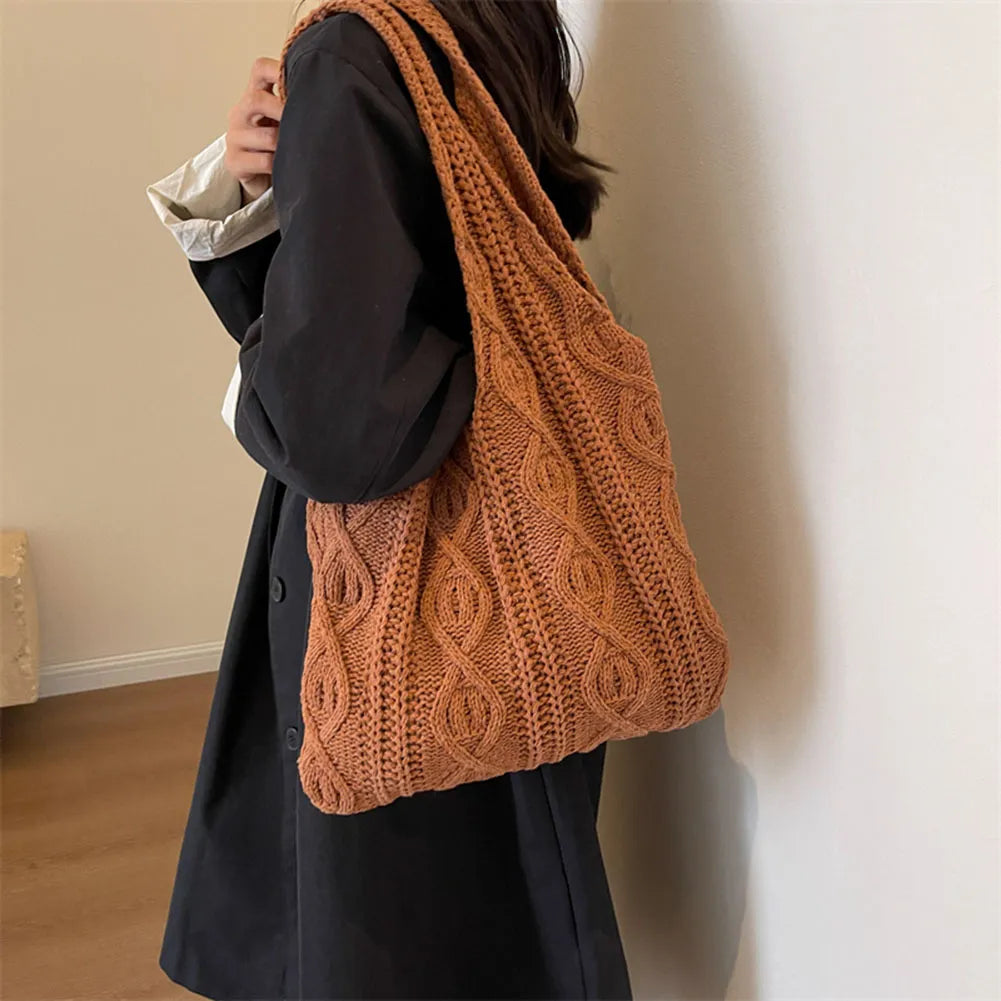 Vintage Twist Pattern Knit Shoulder Shopping Bag