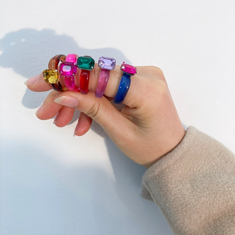 Acrylic Colorful Rectangle Rhinestone Ring