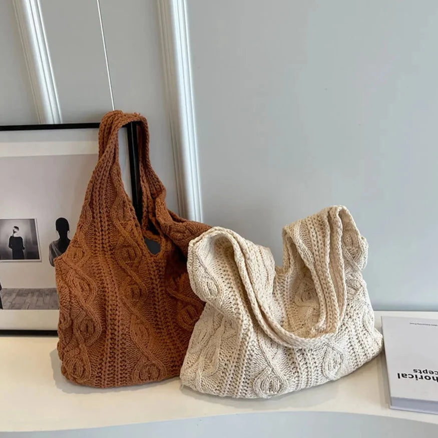 Vintage Twist Pattern Knit Shoulder Shopping Bag