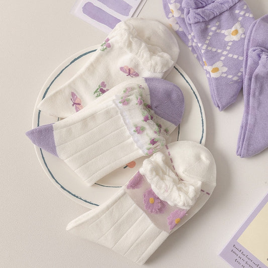 Lovely Purple Floral plaid Tube Socks