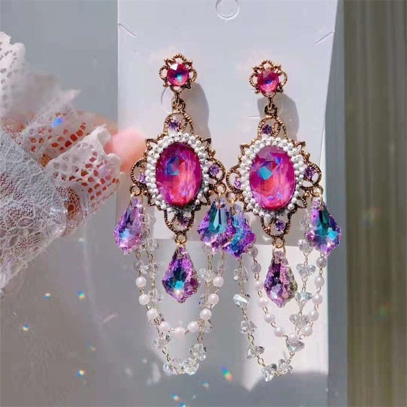 K-pop Idol Rhinestone Long Drop Earrings