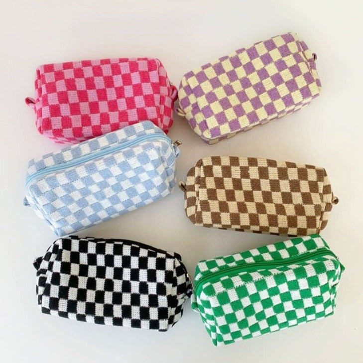 Checkered Knitted Cosmetic Case Bag