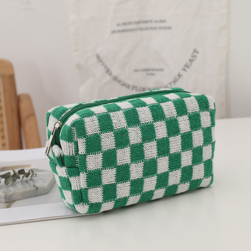 Checkered Knitted Cosmetic Case Bag
