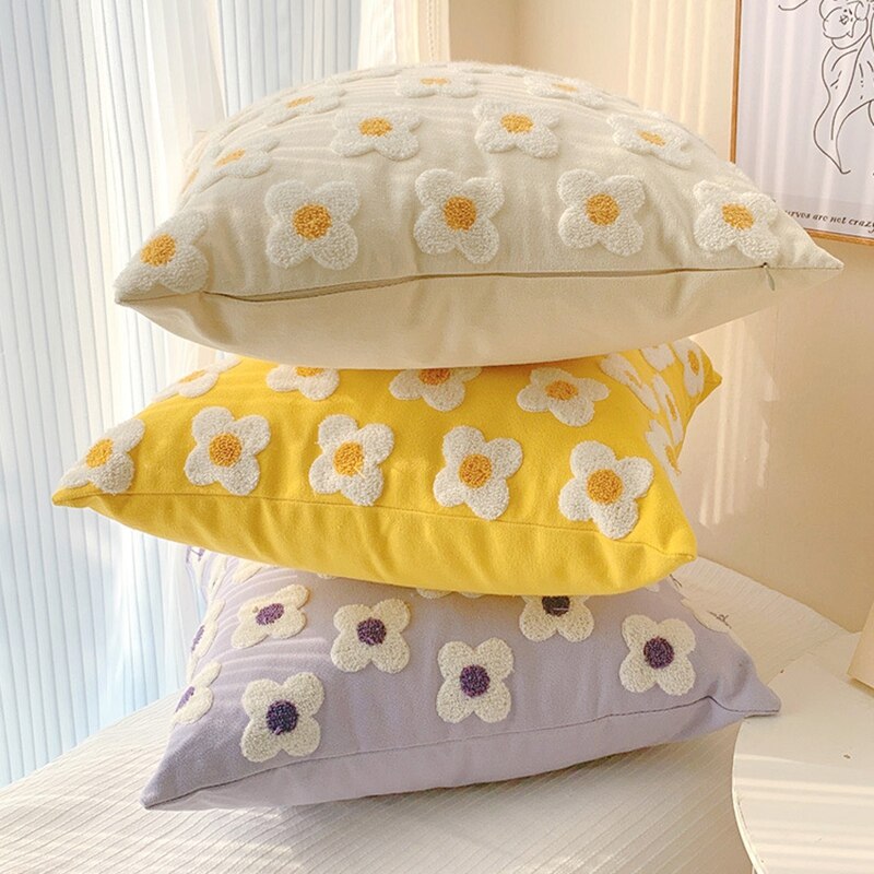 Cute Embroidery Daisy Flower Cushion Cover