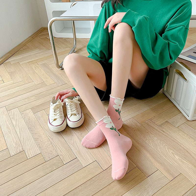 K-Style Candy Color Flower Socks