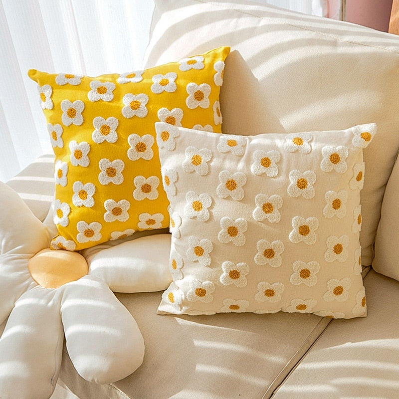 Cute Embroidery Daisy Flower Cushion Cover
