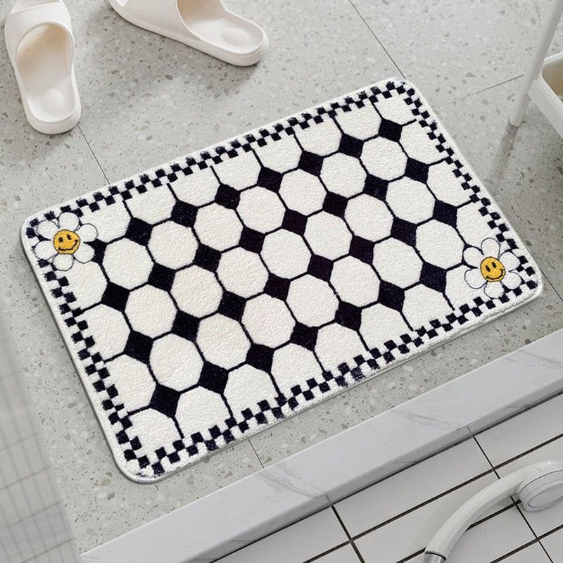 Smiley Daisy Checkered Bath Mat Decor Rug