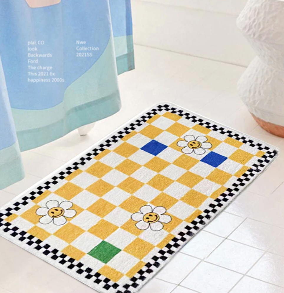 Smiley Daisy Checkered Bath Mat Decor Rug