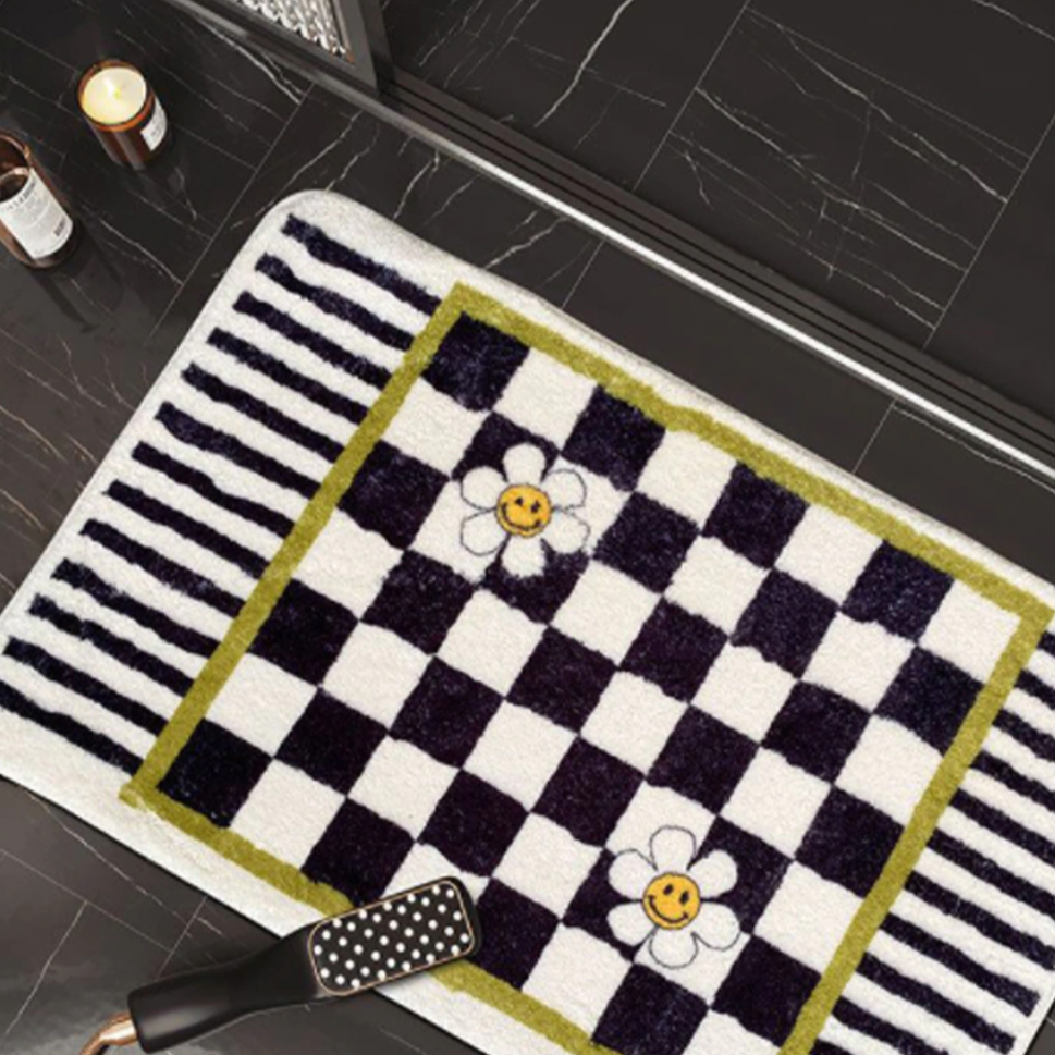 Smiley Daisy Checkered Bath Mat Decor Rug