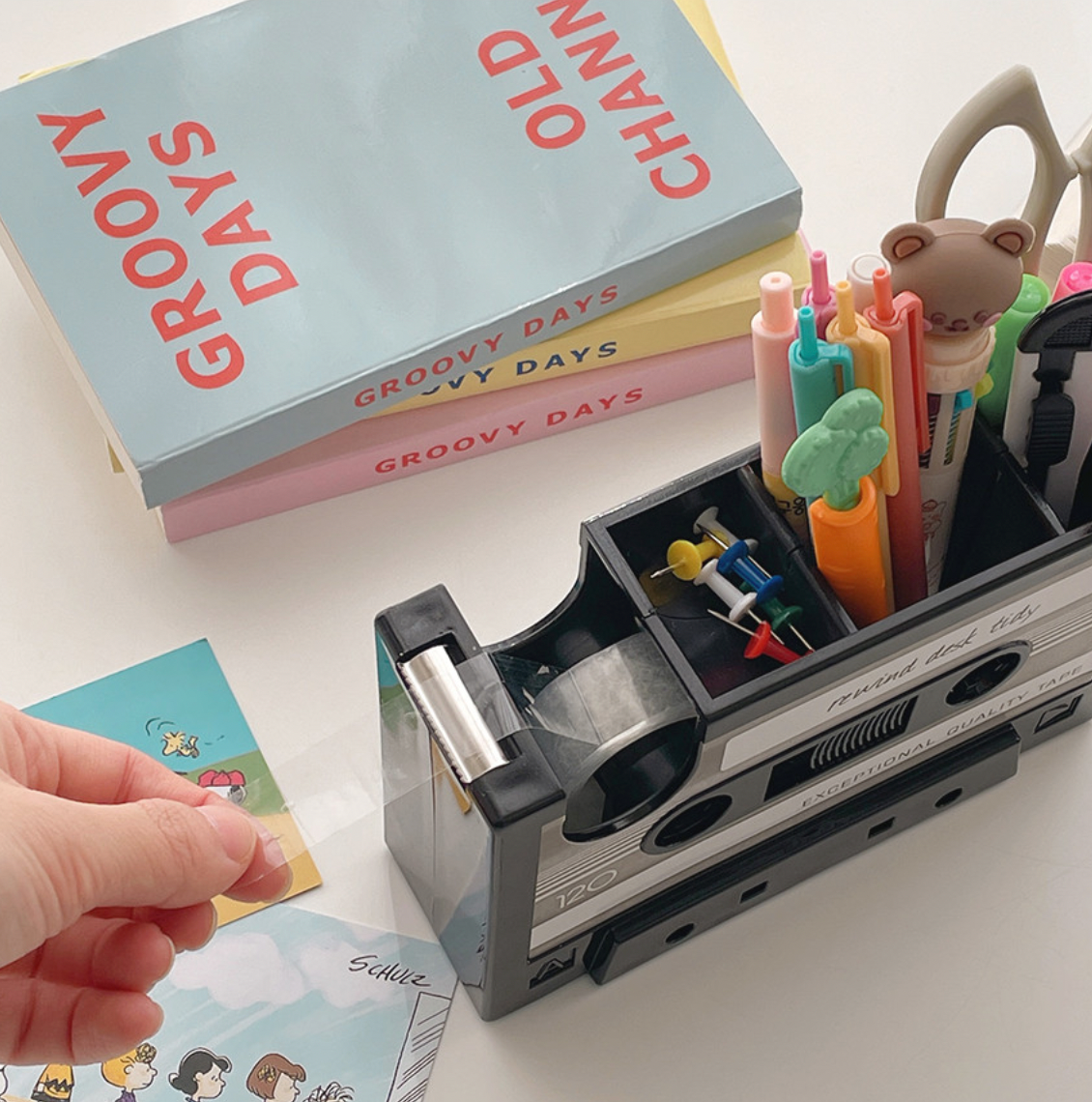 Retro Cassette Tape Dispenser with Pen Holder