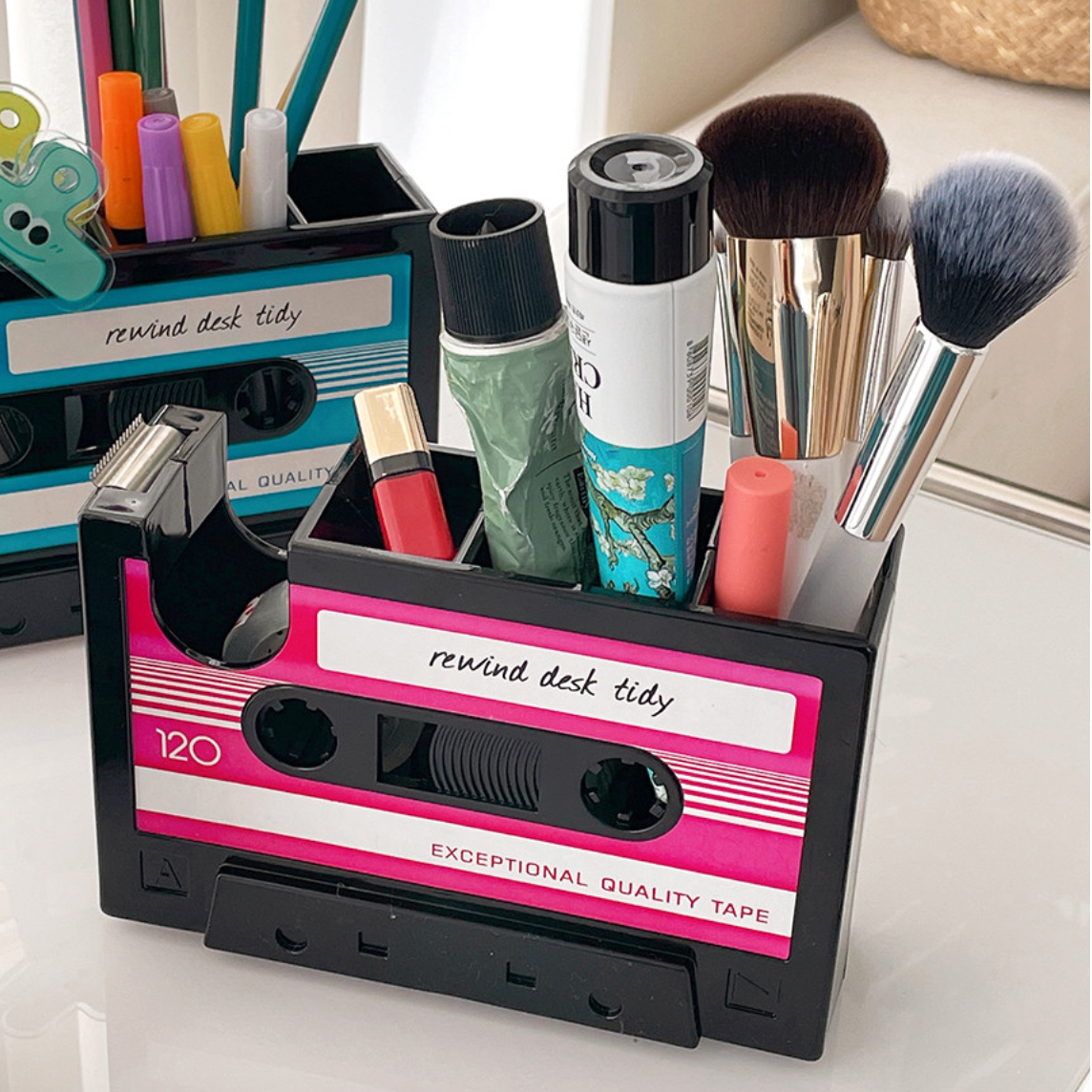 Retro Cassette Tape Dispenser with Pen Holder