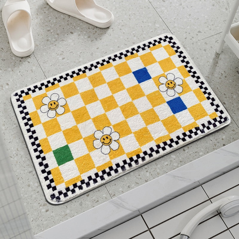 Smiley Daisy Checkered Bath Mat Decor Rug