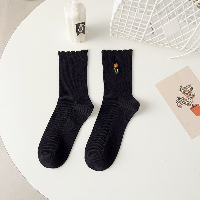 Cute Korean Style Tulip Floral Embroidery Socks