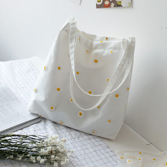 Cute Daisy Crochet Canvas Tote Bag