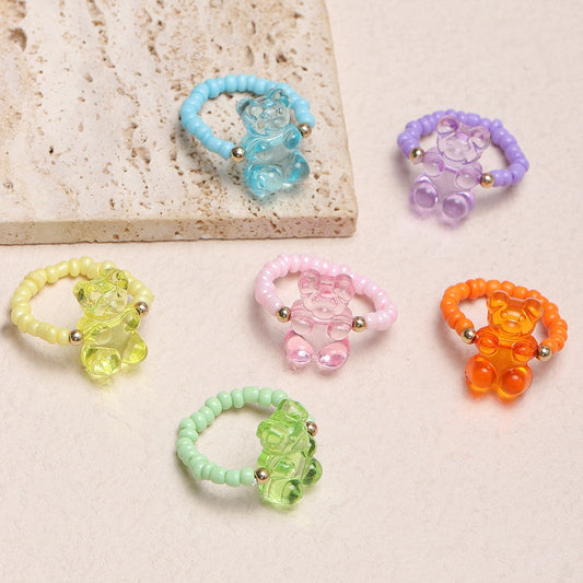 Cute Color Resin Bear Rings 6pc set