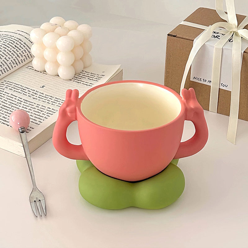 Kawaii Victory Peach Mug With Saucer