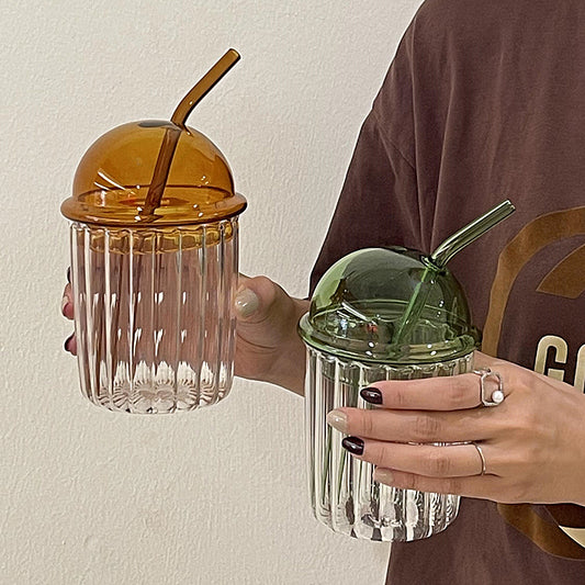 Retro Dome Lid Glass Cold Cup With Straw