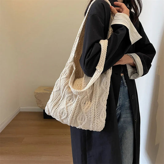 Vintage Twist Pattern Knit Shoulder Shopping Bag