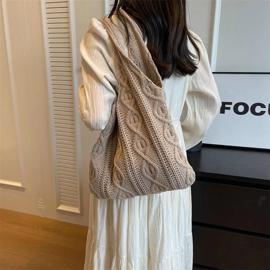 Vintage Twist Pattern Knit Shoulder Shopping Bag