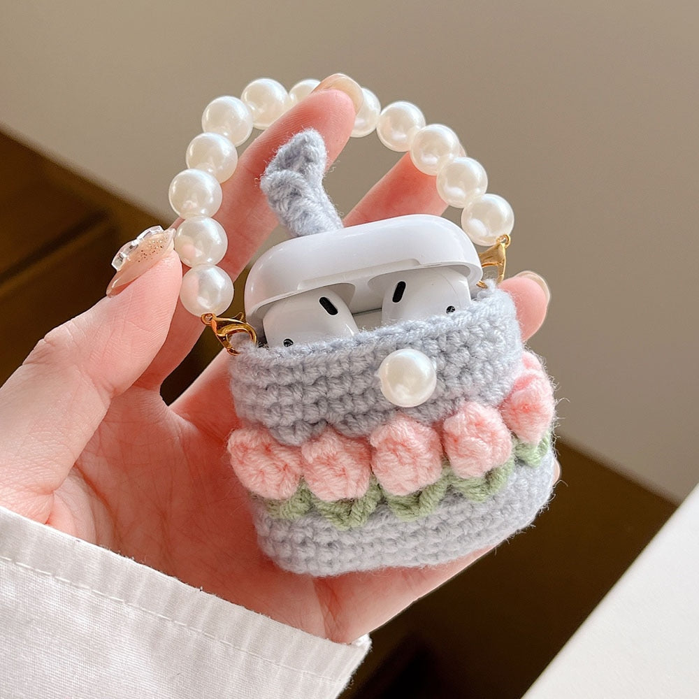 Knitted Tulip Flower Pearl Chain AirPods Case