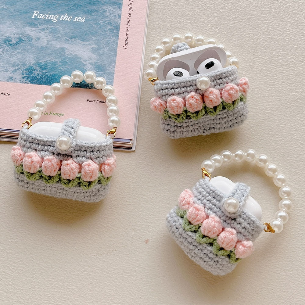 Knitted Tulip Flower Pearl Chain AirPods Case