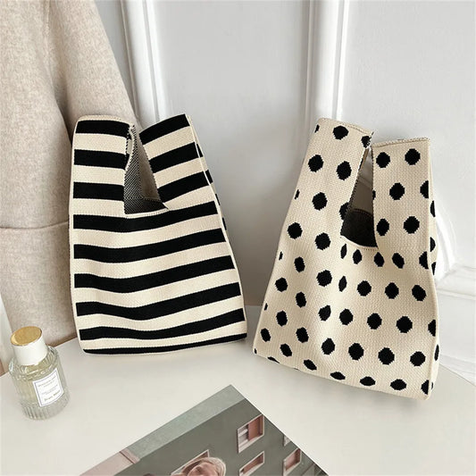 Polka Dot And Stripe Knitted Handbag