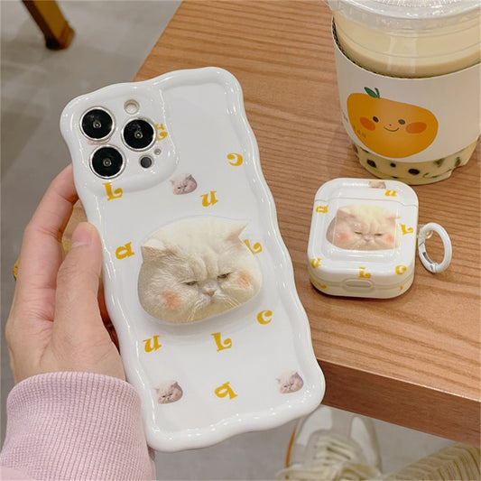 Cute Sad White Cat Face Phone Grip