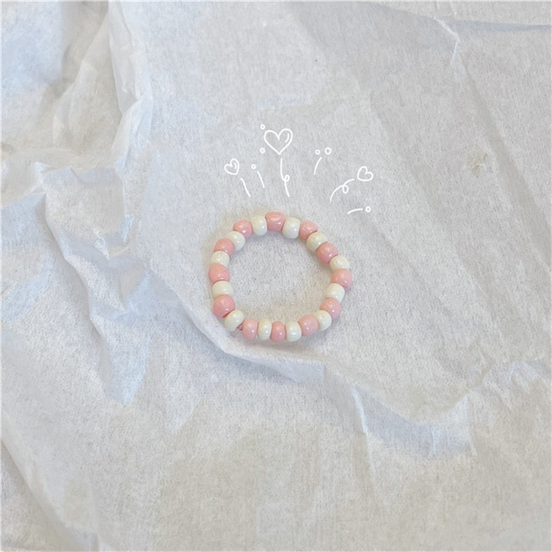 K-style Sweet Pink Flower Beaded Ring