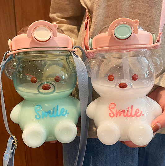 Cute Bear Water Bottle With Straw Portable Strap