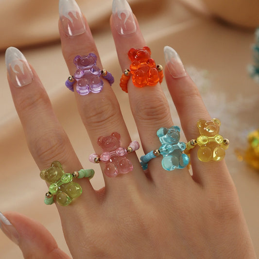 Cute Color Resin Bear Rings 6pc set