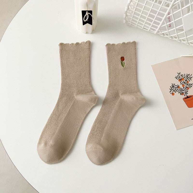 Cute Korean Style Tulip Floral Embroidery Socks