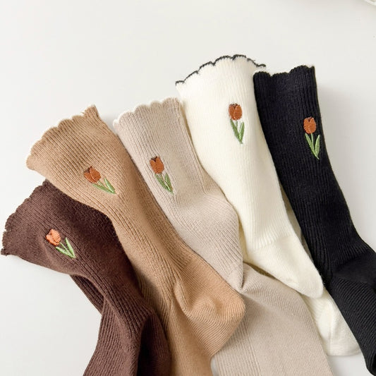 Cute Korean Style Tulip Floral Embroidery Socks