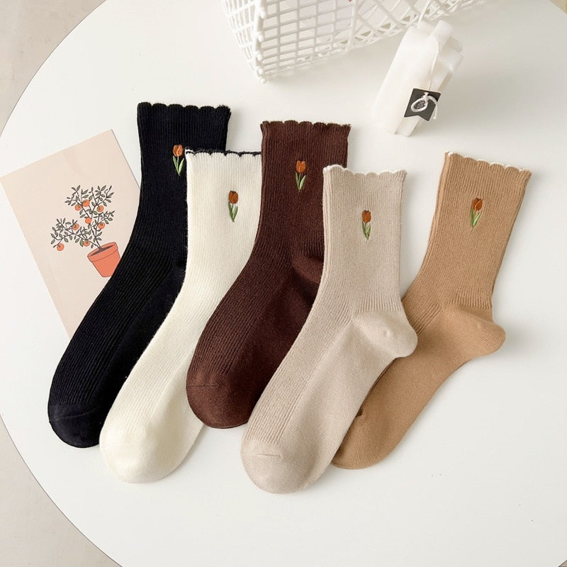 Cute Korean Style Tulip Floral Embroidery Socks