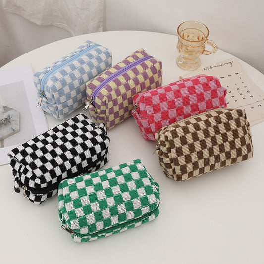 Checkered Knitted Cosmetic Case Bag