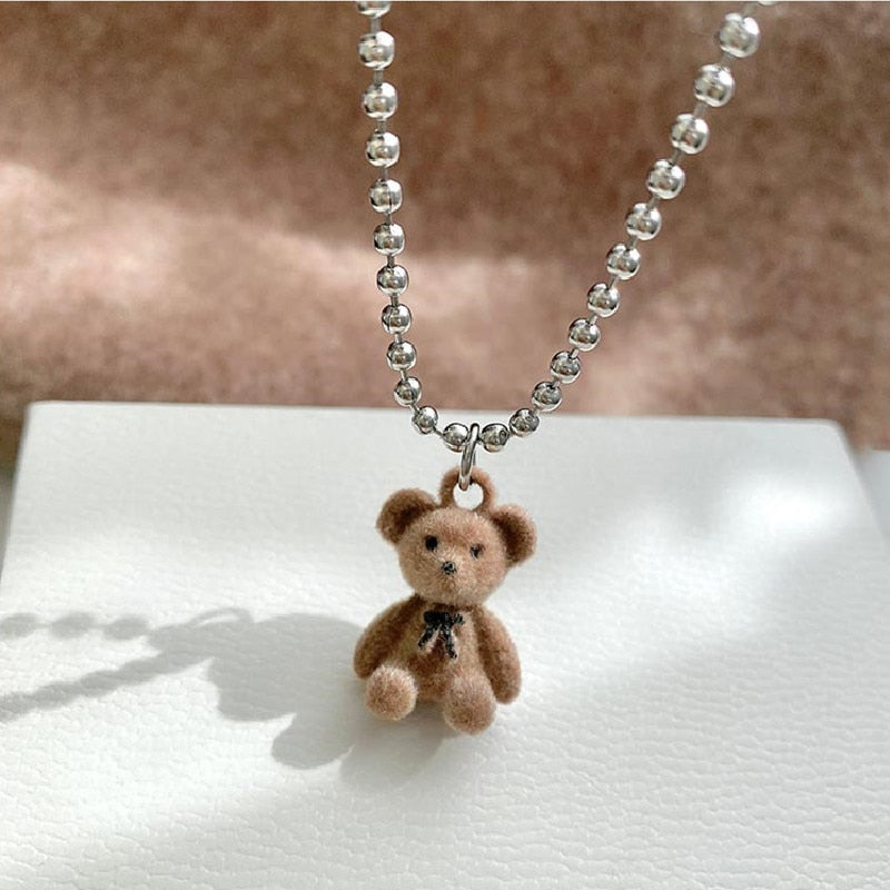 Cute Brown Bear Pendant Necklace & Earrings