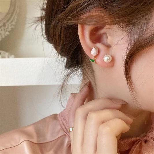 Pink Tulip Flower Pearl Stud Earrings