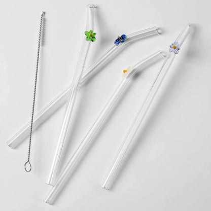 Lovely Reusable Daisy Flower Glass Straws Set