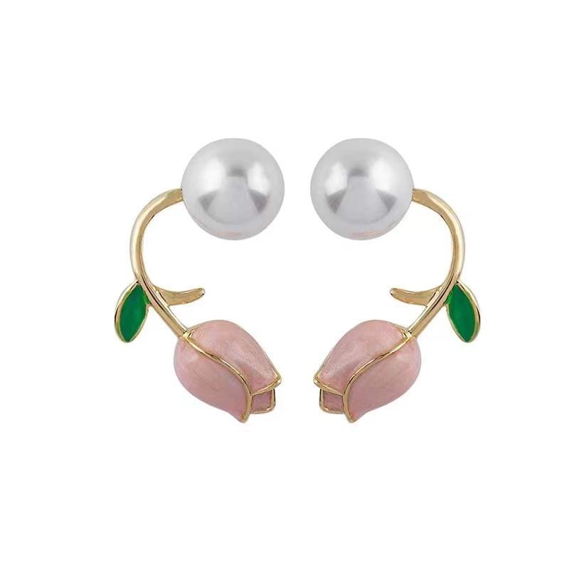 Pink Tulip Flower Pearl Stud Earrings