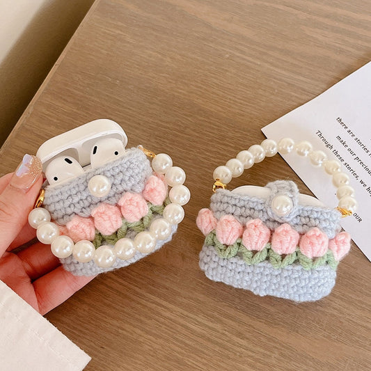 Knitted Tulip Flower Pearl Chain AirPods Case