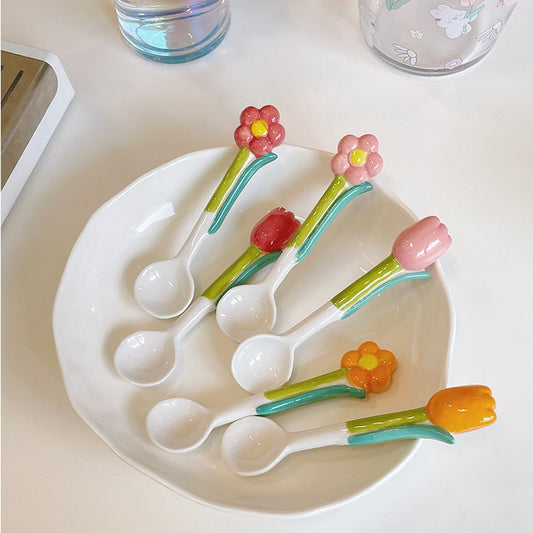 K-style Ceramic Flower Coffee Dessert Spoon