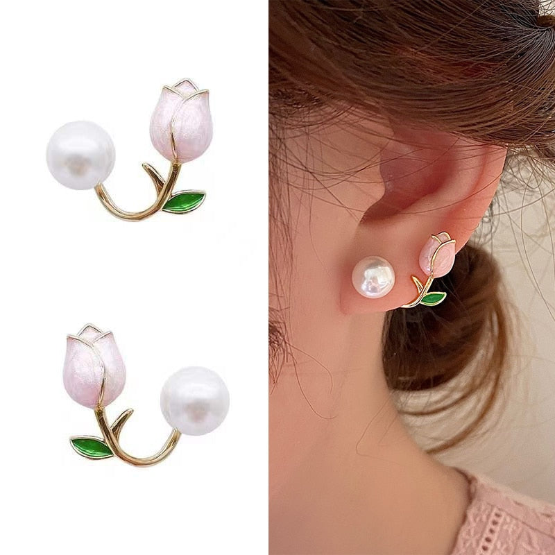 Pink Tulip Flower Pearl Stud Earrings